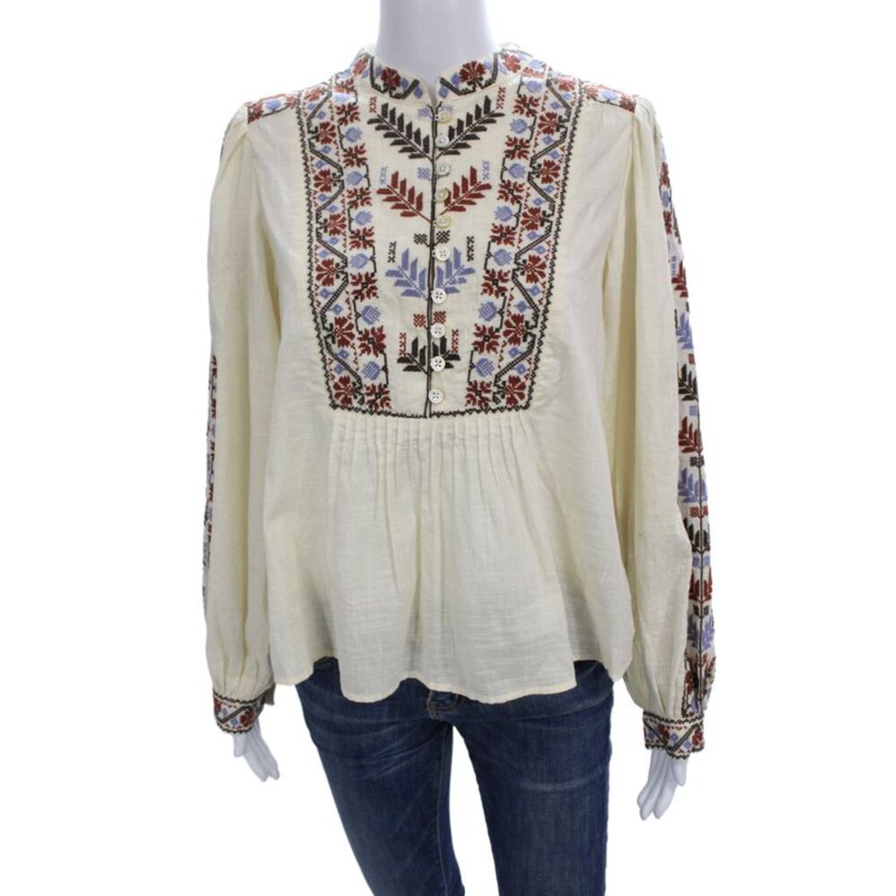 Sea Women Tunic Blouse Collared Button Ivory Floral Cotton Long Sleeve Size S